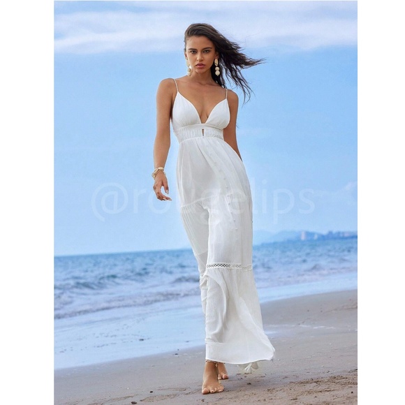White Maxi Dress V-Neck Open Back Lined Tie Straps - Picture 8 of 9